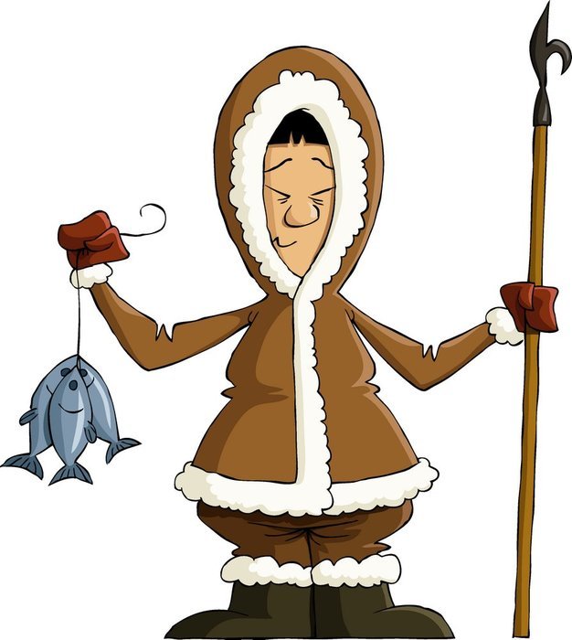 inuis, cartoon asian man in winter clothes with fish in hand