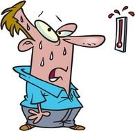 Too Hot, cartoon sweating man in front of thermometer
