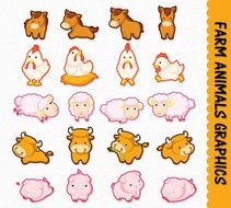 Cute Farm Animals Graphics Horse Pig Chicken Rooster