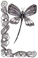 Black and white drawing of the butterfly anf flowers clipart