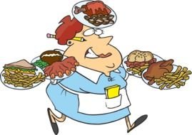 Woman holding a lot of food on the plates clipart