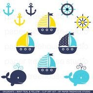 Clip Art Set Sailboats Anchors And Whales Yellow Teal Navy