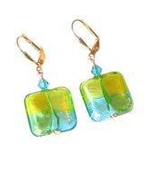 Murano Glass Green Aqua Square Earrings Leverback Venetian