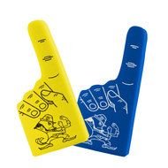 blue and yellow glove with raised finger