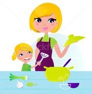 Mother With Child Cooking Healthy Food In Kitchen Vector Illustration