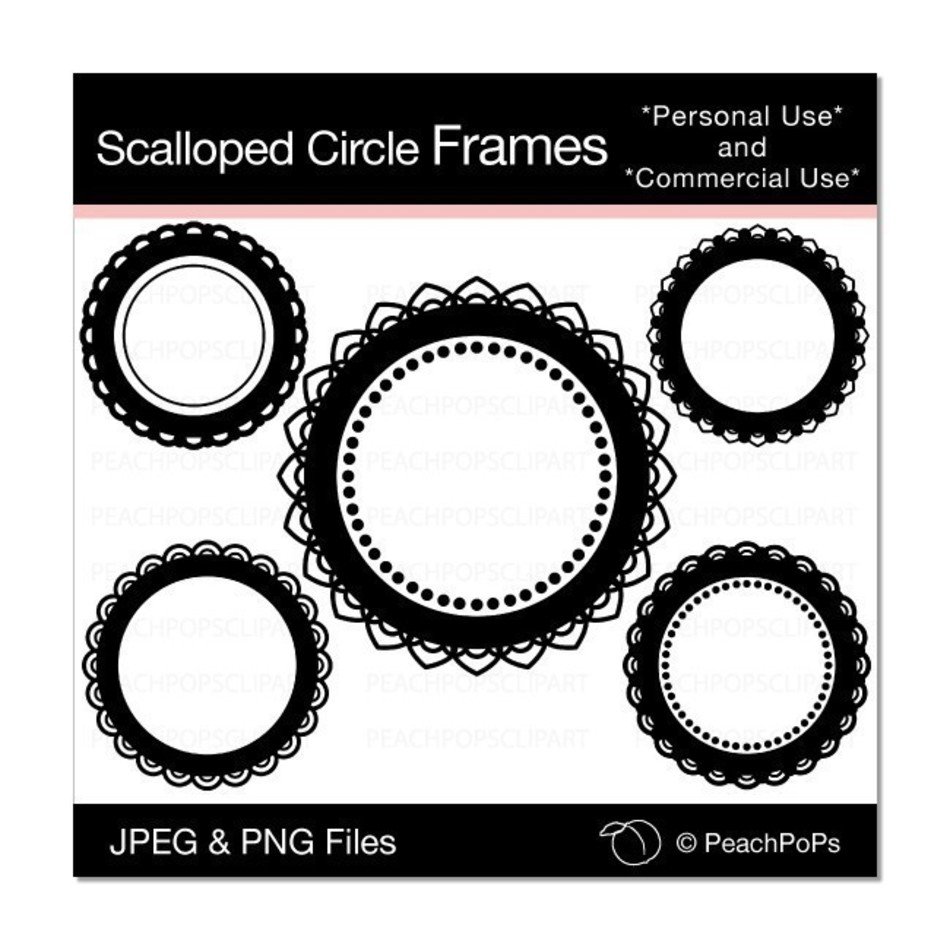 Set Of 5 Scalloped Circle Frames Digital Clip By Peachpopsclipart