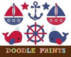 Nautical Digital Sailboats Whale Anchor Red