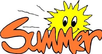 Summer, cartoon sun behind orange word