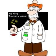 drawing of a scientist with a flask near a blackboard