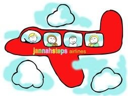 drawing of an airplane with people among the clouds