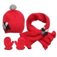red scarf and mittens near the hats