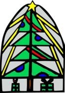 painted christmas tree on stained glass window