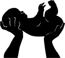 black and white drawing of a newborn baby in hands