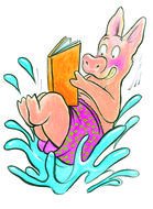 cartoon pig with book in puddle