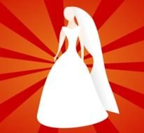 drawn white silhouette of a bride on a striped background