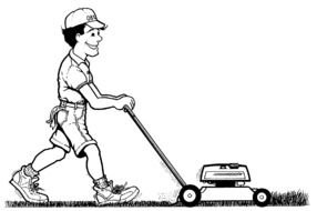 painted worker mows the lawn