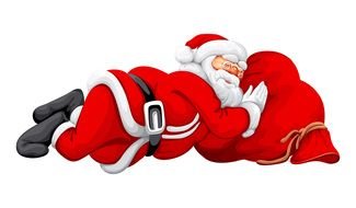 santa claus is sleeping on a red bag with gifts