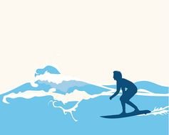 drawn surfer in the blue ocean