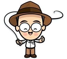 cartoon man wearing hat and glasses with whip