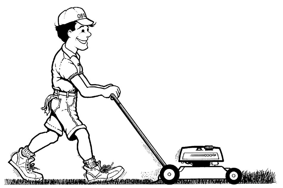 painted worker mows the lawn