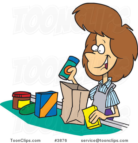 Cartoon Friendly Cashier Bagging Groceries free image download