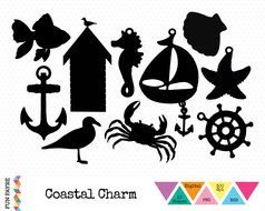 black silhouettes of sea animals and objects on a white background