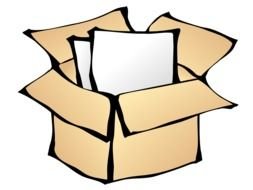 drawn sheets of paper in a cardboard box