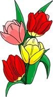 painted yellow, pink and red tulips in a bouquet