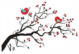 painted red birds on a flowering tree branch