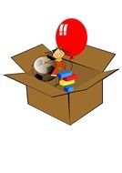 painted toys in a cardboard box