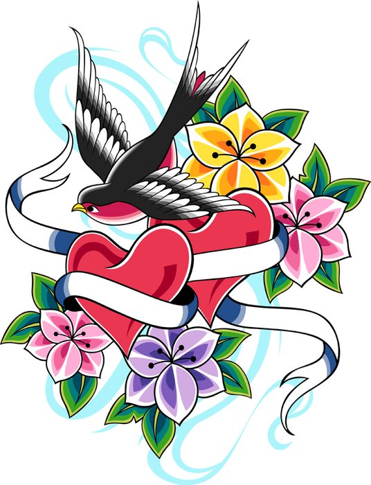 composition with flowers, hearts and swallow