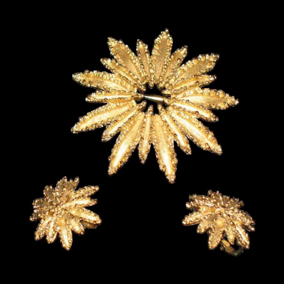 Vintage Simulated Gold Like Costume Starburst Brooch And Earring Set