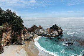landscape of rocky coast with the plants on the cliff