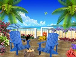 patio chairs and summer flowers by the ocean