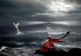 painting of the lady in red near the raging ocean