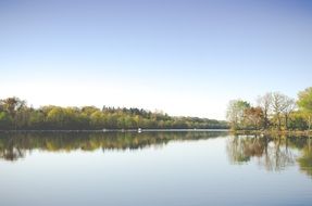 lake trees water reflection horizon blue sky