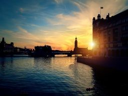 sunset over the river in stockholm