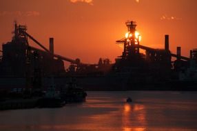 ships in the Japanese port at sunset