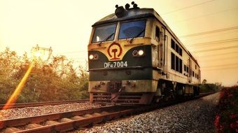 locomotive at sunset