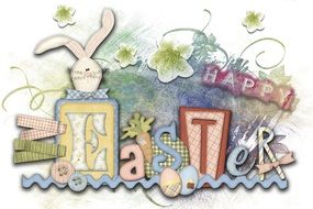 Easter greeting card with inscriptions and a hare