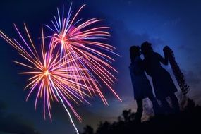 silhouette of people against the background of fireworks in the sky