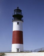 red-white lighthouse on the shoreline