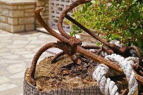 rusty anchor with thick ropes