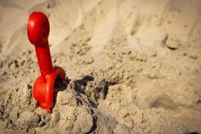 red shovel toy on the sandy beach