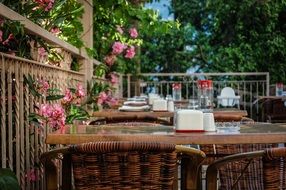 wicker furniture in a hotel restaurant in Turkey