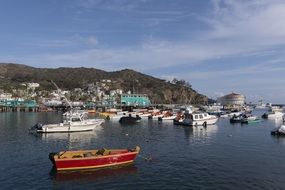 boats in sea bay at mountain panorama, usa, california, santa catalina