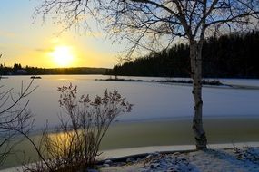 sunset frozen lake panorama