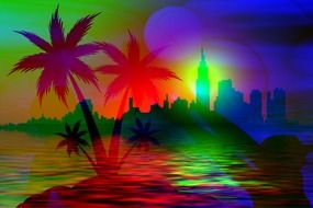Abstract multicolored image of palm trees on the background of the modern city