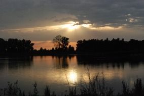 quiet lake and trees silhouettes at sunrise