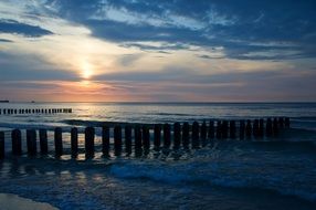 sunset over the baltic sea with breakwaters